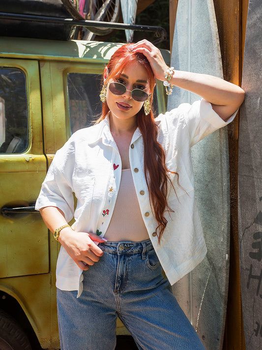 Tracto Embroidered White Shirt